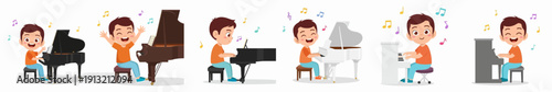 Cartoon Style Collection of Boy Playing Different Piano Illustration Set
