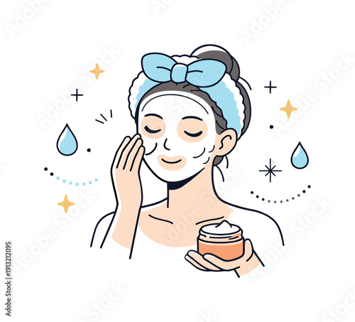 Cosmetic headband for skincare routine. A person applies face cream or mask while wearing a soft headband, showing comfort and practicality.