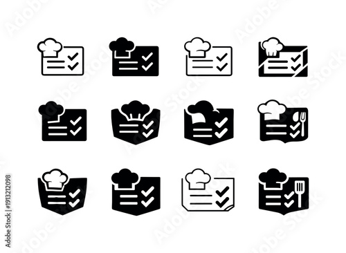 cooking for beginners. Icon set. Set Logo of cooking for beginners: recipe card with checkmarks. harmonious logo variations of the same