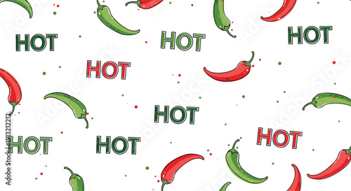 Vibrant seamless pattern of red and green hot chili peppers with the word hot on a white background for spicy food themes.