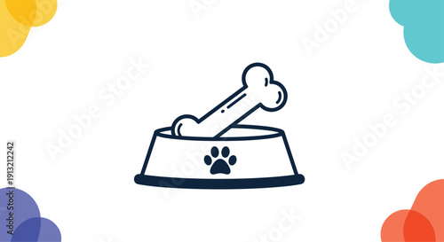 Minimalist dark blue line art of a dog bowl with a bone and playful colorful shapes in the corners of the frame.