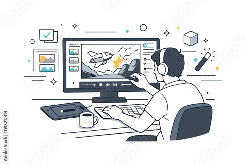 A special effects artist working on computer-generated  ry (CGI) for a film. A focused artist sitting at a desk, adjusting a cinematic