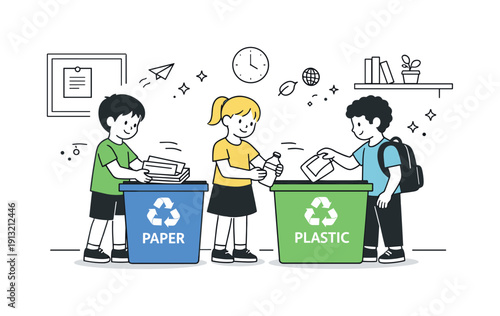 Classroom Recycling Initiative. School recycling program. Students placing paper and plastic into labeled recycling bins in a classroom. Calm learning routine,