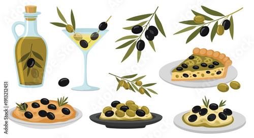 Large collection of olive products including olive oil a martini glass appetizers pizza and fresh olive branches.