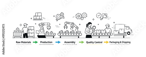 Manufacturing process overview. Clean editorial scene showing a simplified production flow with machines, conveyor belts, and workers calmly