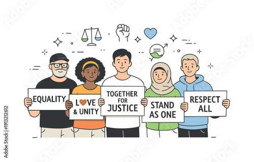 Civil rights awareness. People of different backgrounds stand together holding simple signs, expressing unity and shared values. Calm