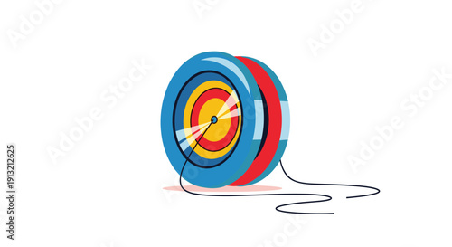 Classic colorful yo-yo toy with a blue red and yellow target pattern on its side and a long string.