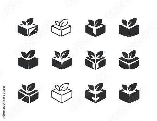 Eco-friendly packaging. Icon set. Set Logo of eco-friendly packaging: biodegradable package wrap. harmonious logo variations of the same