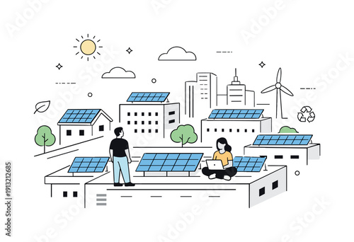 Urban renewable energy project. Solar panels installed on city rooftops with surrounding buildings and clear sky. Calm progress,