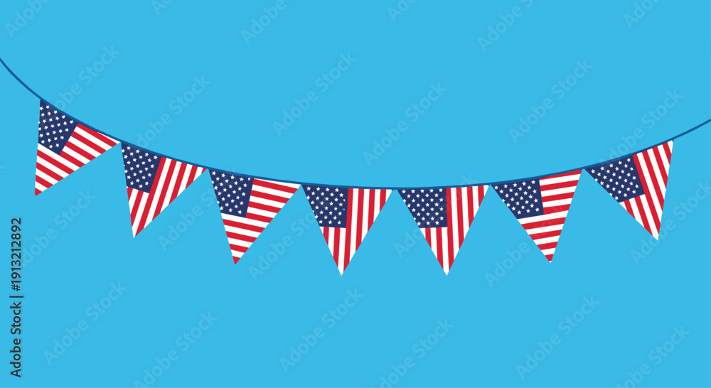 Obraz premium String of triangular american flag bunting hanging against a clear blue sky background for patriotic celebrations and holidays.