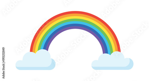 Simple colorful rainbow arch with two soft blue clouds at the ends on a white background representing hope and happiness.