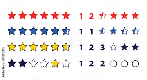 Large set of various star rating icons in red blue and yellow colors with different styles and numerical indicators for reviews.