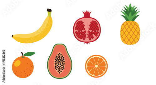 Assortment of fresh fruits including a banana pomegranate pineapple orange papaya and an orange slice on a white background.
