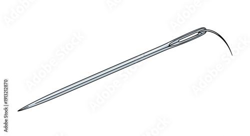 Metallic sewing needle with a thin black thread through the eye isolated on a white background for tailoring and craft themes.