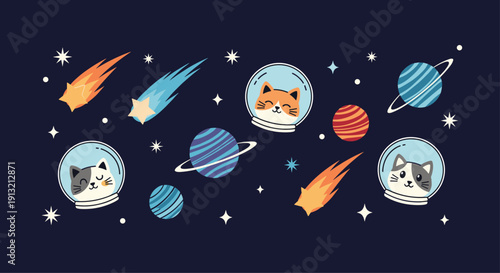 Deep blue background with cat astronauts planets comets and stars depicting a fun and cosmic space exploration scene.