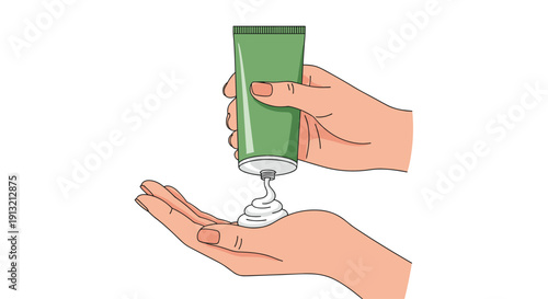 Human hands squeezing white cream from a green tube onto the palm for skincare and hygiene routines on white background.