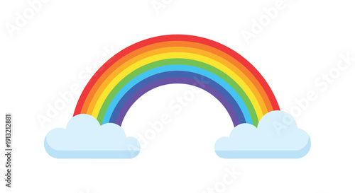 Symmetrical colorful rainbow with six colors and soft blue clouds at the base on a white background symbolizing peace.