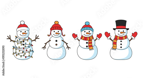 Row of four different snowmen wearing colorful hats scarves and mittens with one wrapped in christmas lights on white background.