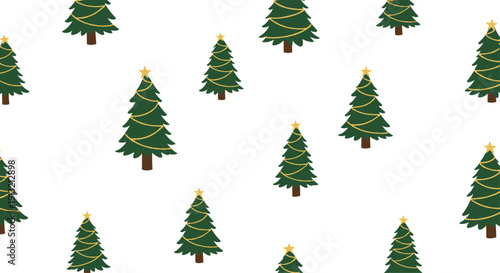 Seamless pattern of green christmas trees decorated with gold garlands and stars on a white background for holiday wrapping.