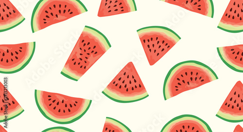 Refreshing summer pattern featuring multiple slices of red watermelon with black seeds and green rinds scattered on a light cream background.