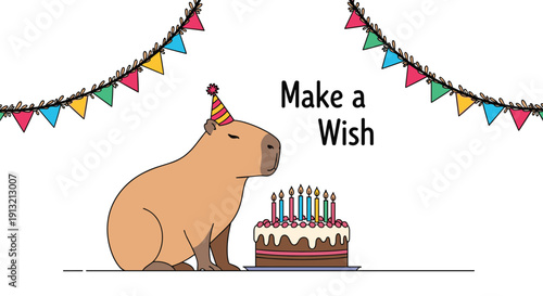Cute capybara celebrating a birthday with a large chocolate cake with lit candles and colorful triangular bunting hanging across the top.