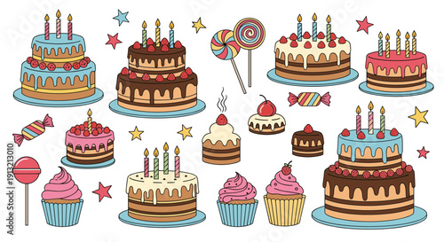 Extensive collection of various decorated cakes, cupcakes, candies, lollipops, and stars for birthday parties and sweet shop celebrations.