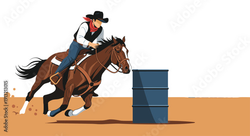 Professional cowboy performs barrel racing on a fast brown horse kicking up dust in a minimalist ranch setting outdoors.