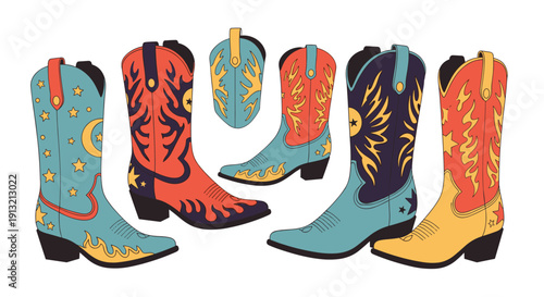 Selection of five stylish cowboy boots with intricate decorative patterns like stars, moons, flames, and suns in vibrant desert colors.
