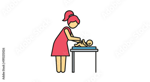 Simple icon illustration of a mother with pink hair leaning over a table to change a baby diaper for parenting and childcare concepts.