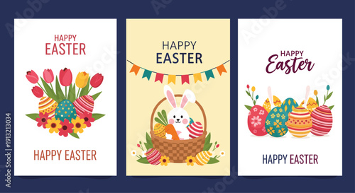 Set of three vertical Easter greeting card designs featuring colorful eggs, flowers, a white bunny in a basket, and festive bunting.