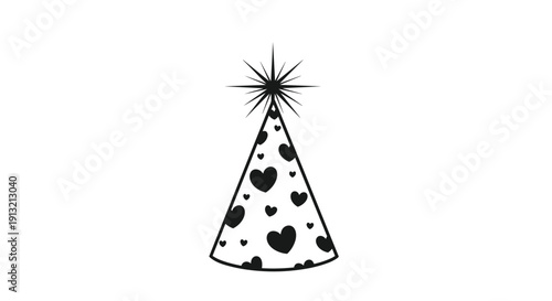 Simple black and white line art drawing of a conical party hat decorated with heart shapes and a sparkling star on top for celebrations.