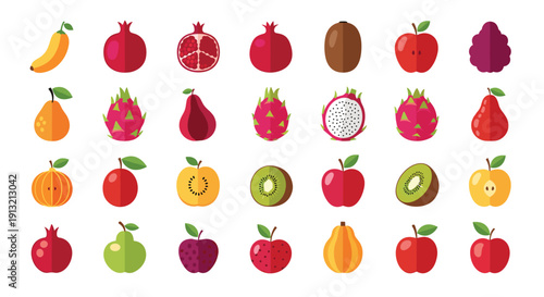 Grid of twenty-eight diverse fruit icons including apples, pears, kiwis, pomegranates, and dragon fruit in a flat colorful design style.
