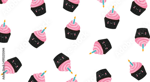 Whimsical seamless pattern of chocolate cupcakes with pink frosting and happy faces each topped with a single blue lit birthday candle.