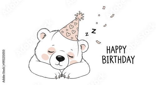 Sweet illustration of a sleeping white polar bear wearing a heart patterned party hat with confetti and text saying happy birthday.