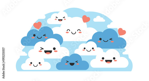 Group of cheerful cartoon clouds with smiling faces and small red hearts floating together in a soft blue sky illustration.