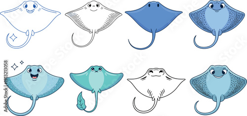 Cute Stingray Cartoon Collection Smiling Marine Ocean Animal Flat Vector Illustration Set
