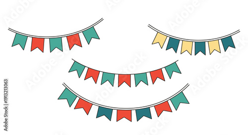 Collection of four different colorful triangular bunting garlands with red, blue, and yellow flags for parties and festive decorations.
