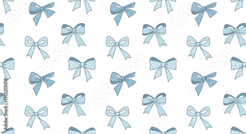 Decorative seamless pattern of various blue hand drawn bows with polka dots and stripes on a white background for textiles.