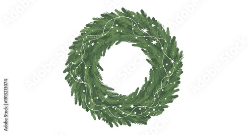 Traditional green pine needle wreath decorated with delicate white stars and glowing string lights on a white background.