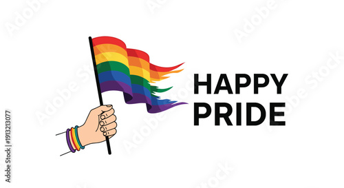 Human hand wearing colorful bracelets holding a tattered rainbow pride flag with happy pride text for lgbtq celebration.