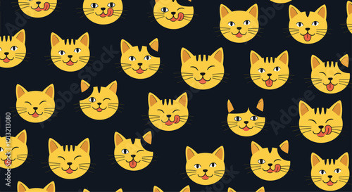 Seamless pattern of yellow cartoon cat faces with various happy expressions and winks on a dark navy blue background.