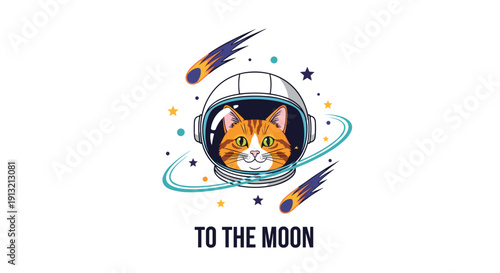 Fun collection of various cats in astronaut helmets floating in space among stars, planets, and cosmic elements.