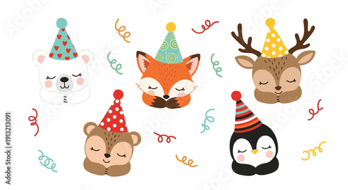 Group of cute sleeping animals including a bear, fox, reindeer, and penguin wearing festive party hats with confetti.