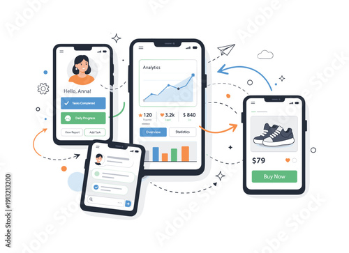 Modern app layout concepts. An editorial scene showing multiple smartphone screens with clean UI cards, buttons, and charts arranged in a