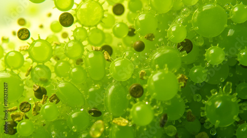 Detailed microscopic view showcases the diversity of green algae cells.