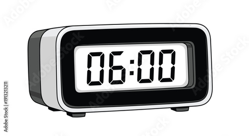 Modern digital alarm clock displaying the time exactly at six o clock in bold black numbers on a clear white screen with a gray casing.