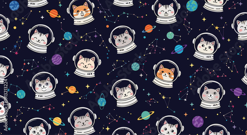 Adorable seamless pattern of kitten astronauts wearing space helmets floating among colorful planets, stars, and celestial constellations.