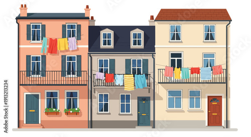 Charming row of colorful apartment buildings with balconies featuring laundry hanging on clotheslines under a bright and clear sky background.