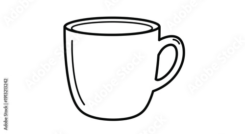 Minimalist black outline drawing of a classic ceramic coffee or tea mug with a comfortable handle viewed from a slight side angle view.