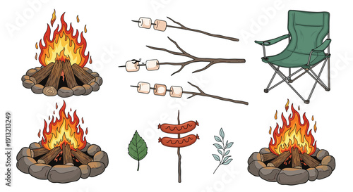 Camping related illustrations including crackling campfires, marshmallows and sausages on sticks, a green folding chair, and forest leaves.